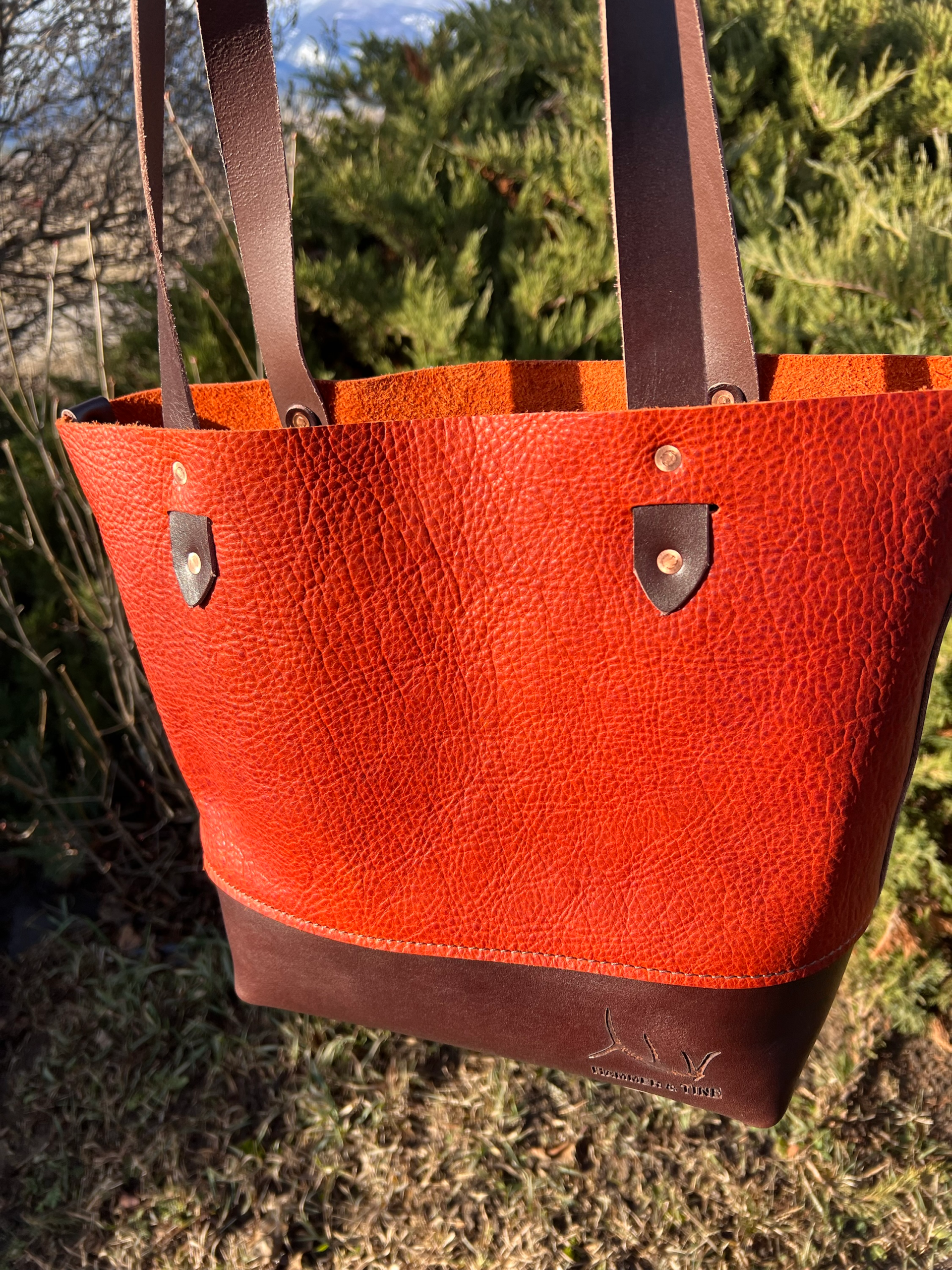 Leather tote - Brick orange and dark brown