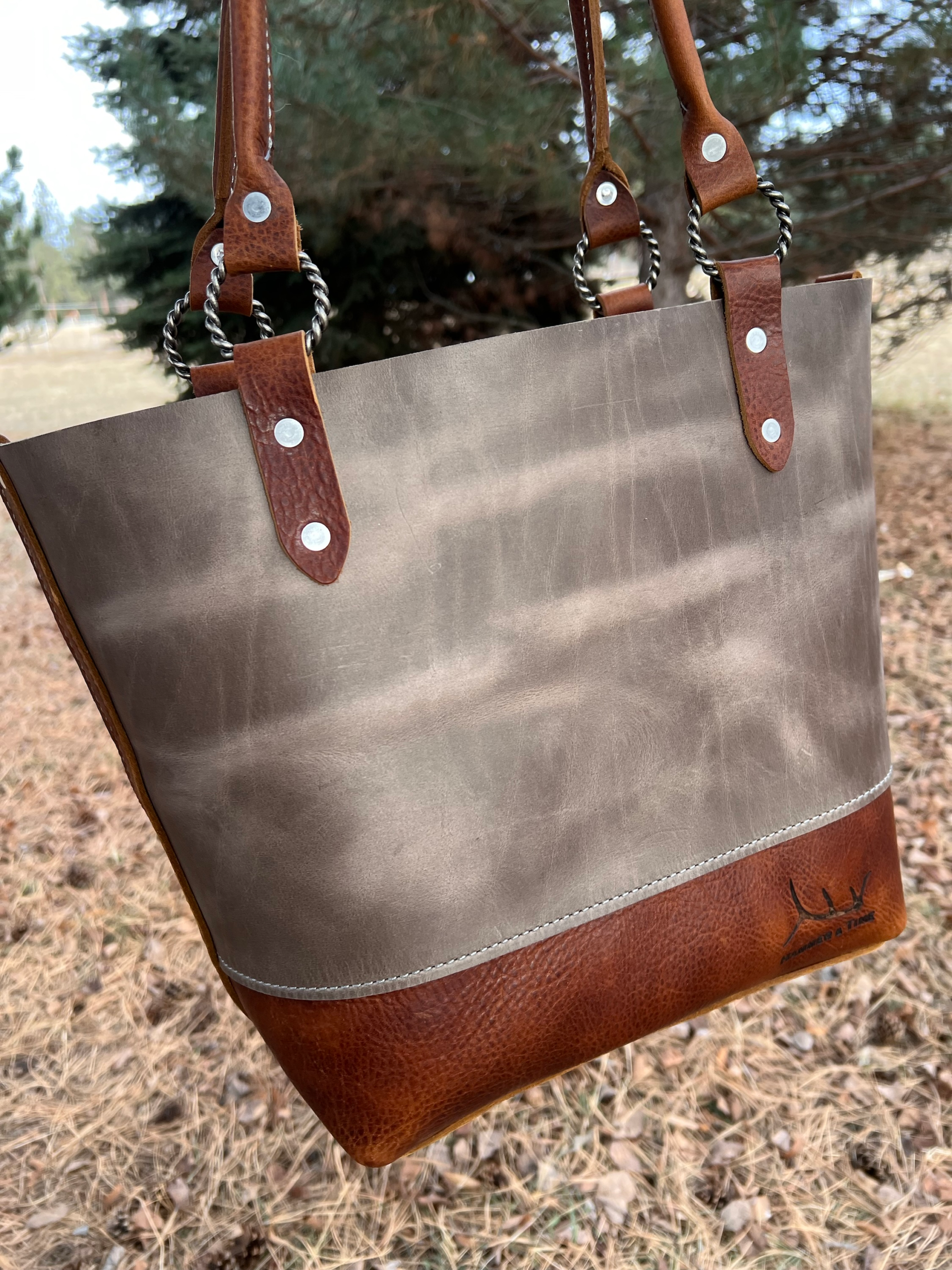 Gray and brown large leather tote