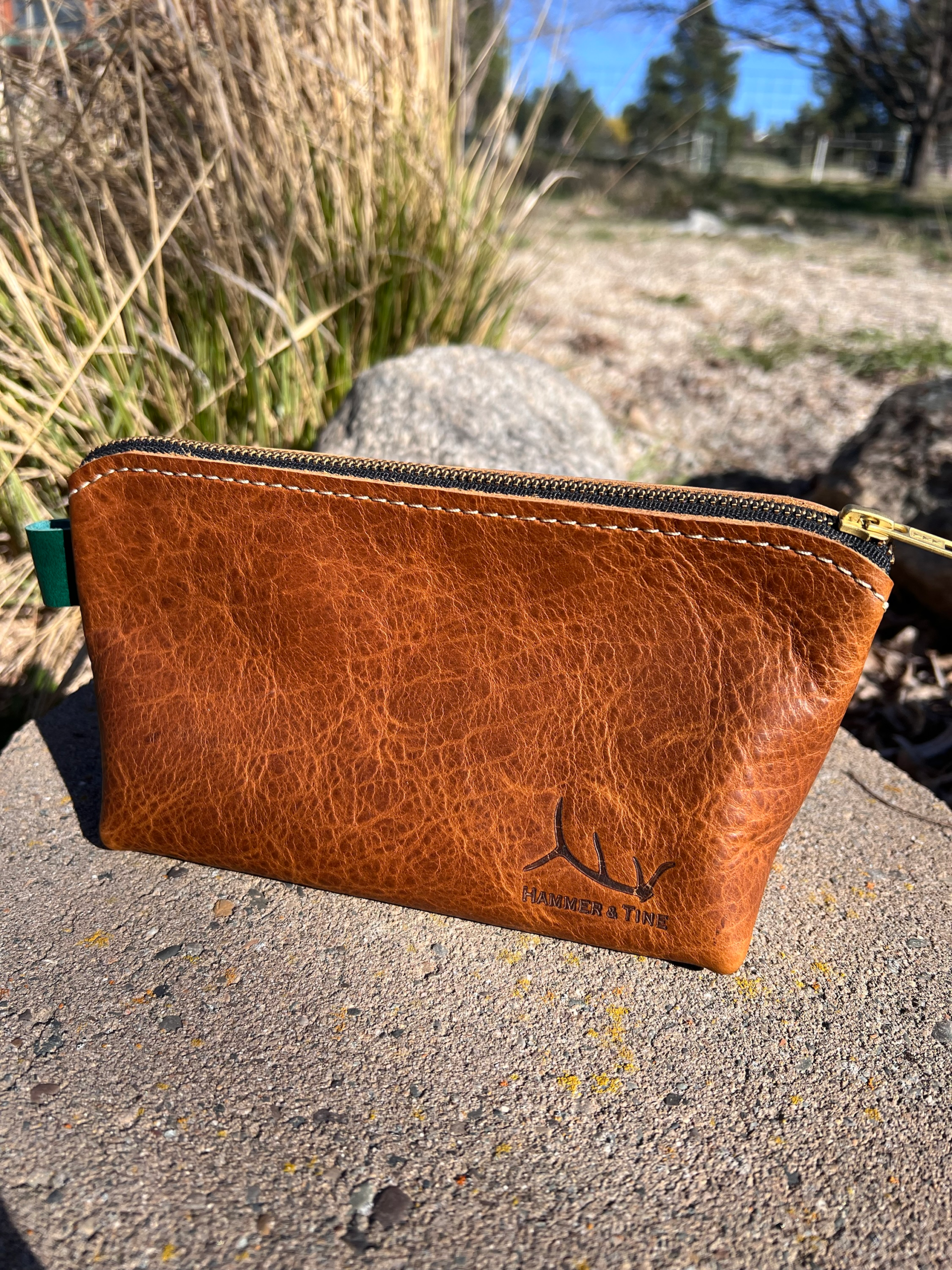 brown bison leather large cosmetics bag