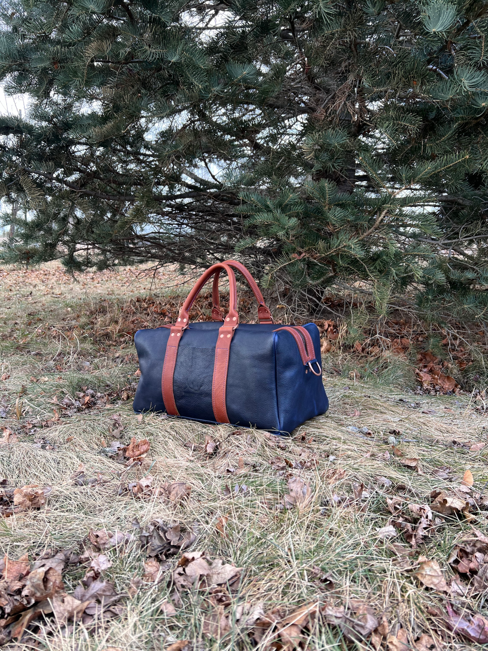 Navy Leather Duffel Bag