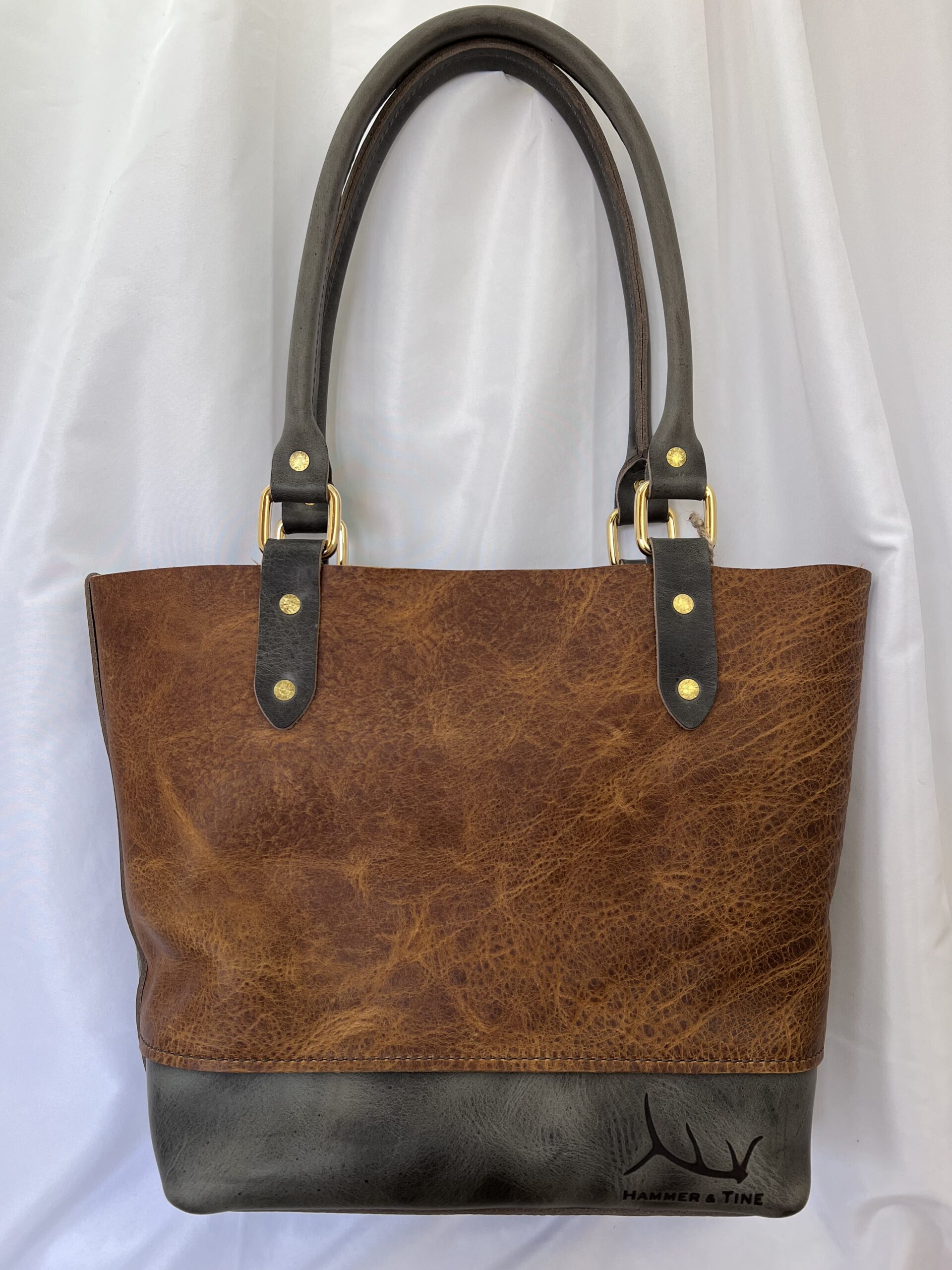Medium brown and grey leather tote