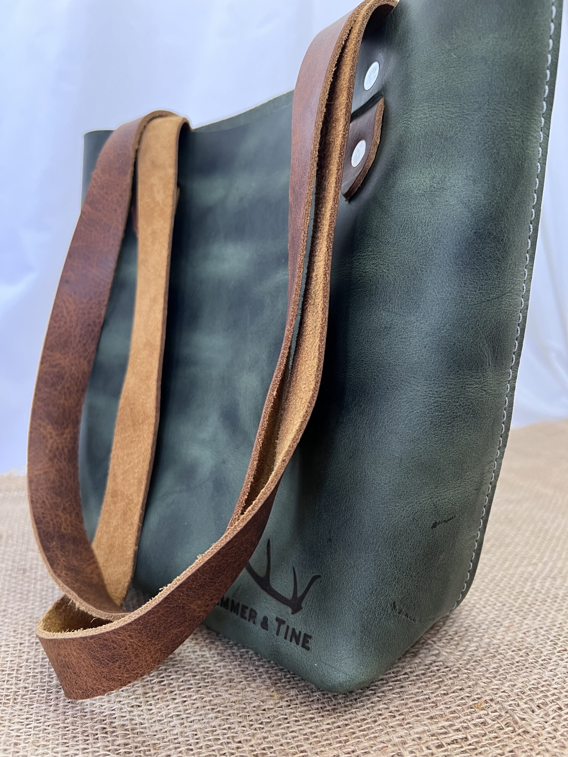 Small Green Leather Tote - flat handles