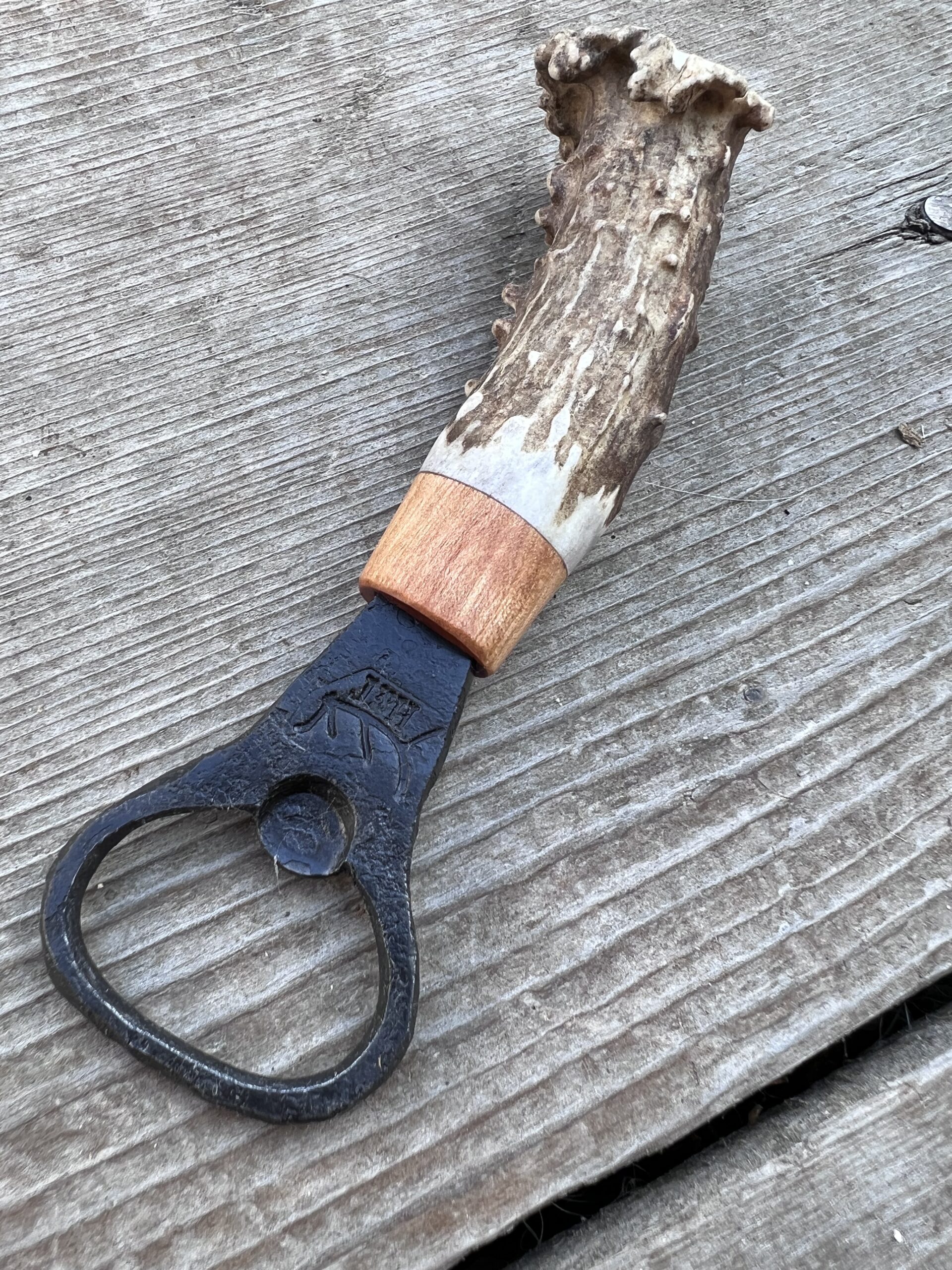 Apple Wood Bolster - Antler Handle Bottle Opener