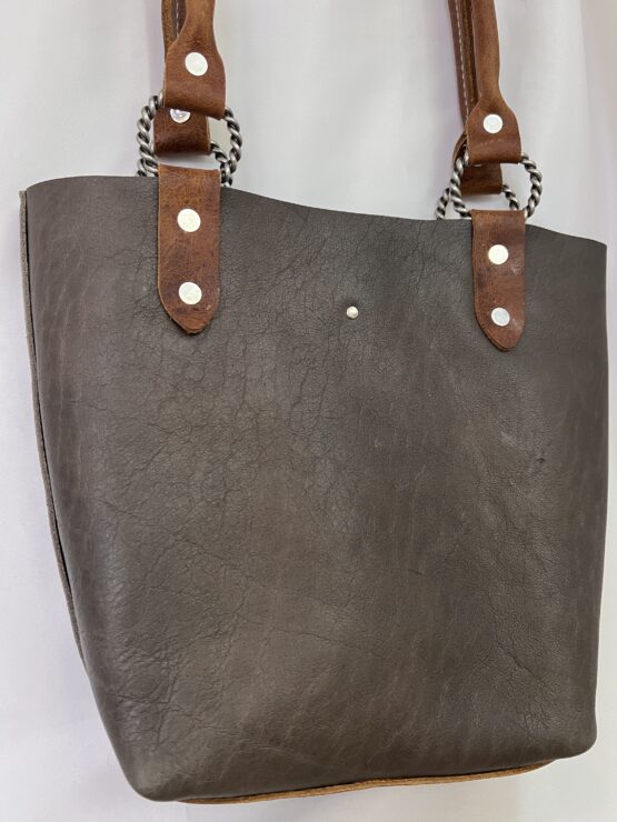 Small Leather Tote - Grey and Brown - Image 4