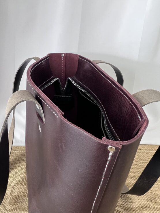 Medium Leather Tote - Burgundy and Grey - Image 4