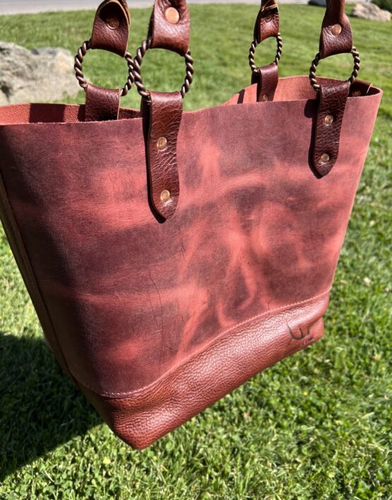 Large Leather Tote - Pinkish Red and Brown