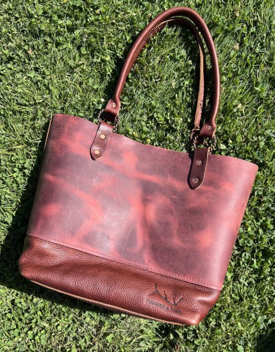 Large Leather Tote - Pinkish Red and Brown - Image 3