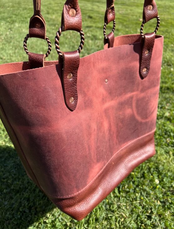 Large Leather Tote - Pinkish Red and Brown - Image 2